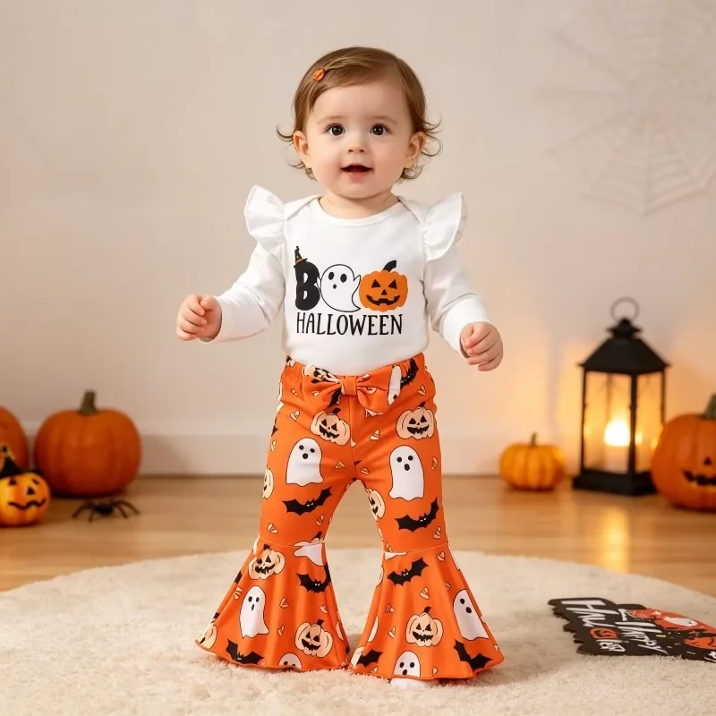 Newborn Girls Clothes Infant Baby Girls Halloween Bodysuit Romper White Ruffled Top Orange Flare Pants Set