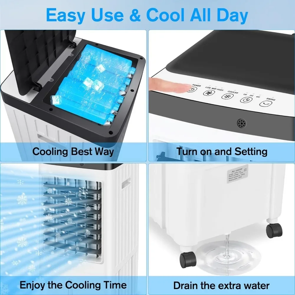 Portable Air Conditioners, Evaporative Air Cooler No Windows Needed, with 3 Gallons Water Tank,6 Ice Pack, Cooling Fan