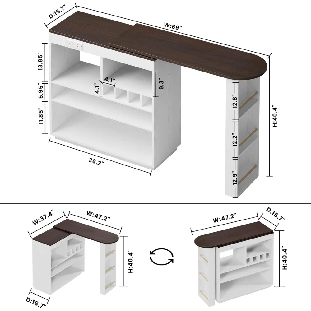 Rotating 360° Home Bar Cabinet with Storage and Power Outlet, Multipurpose Breakfast Bar, Sideboard, Coffee Table