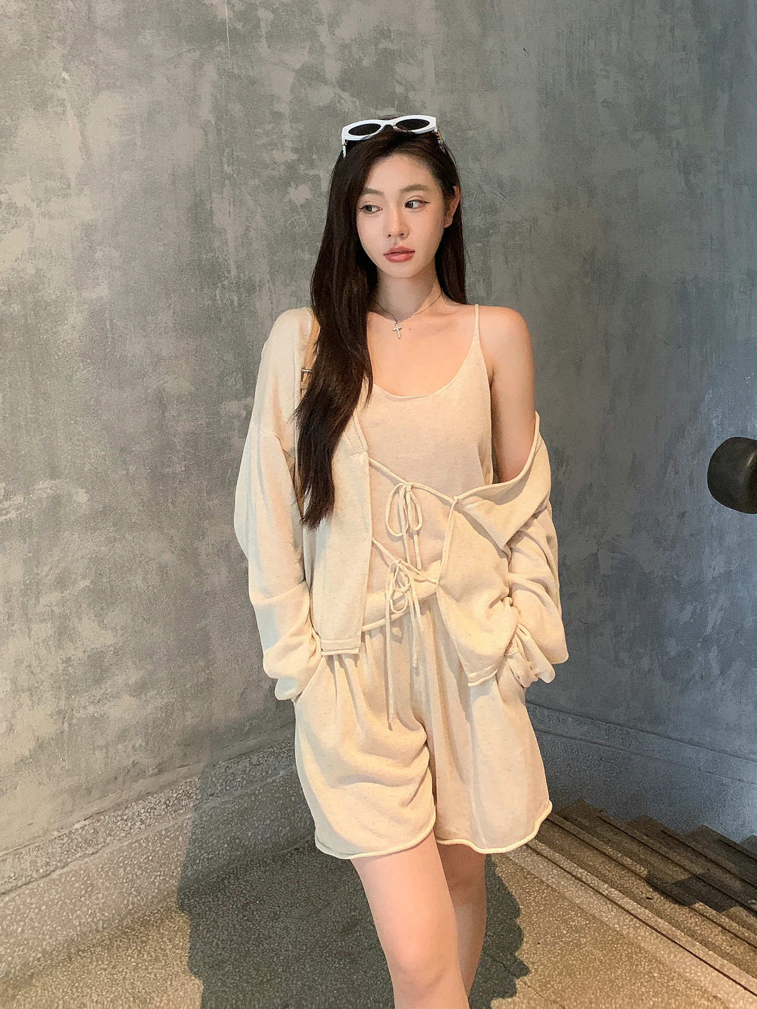 

Casual Knitted Open Cardigan Outerwear Loose Strap Vest orts Tee-Piece Set Withmxboom ey Home Leisure Faion Women's Suit