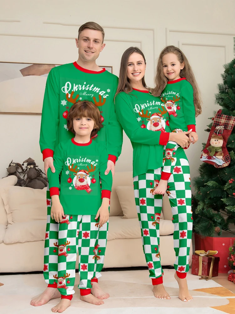 

Christmas Pajamas Family Christmas Pajamas Family Matching Set Long Sleeve Green Cartoon Printed Check Christmas Pjs Set