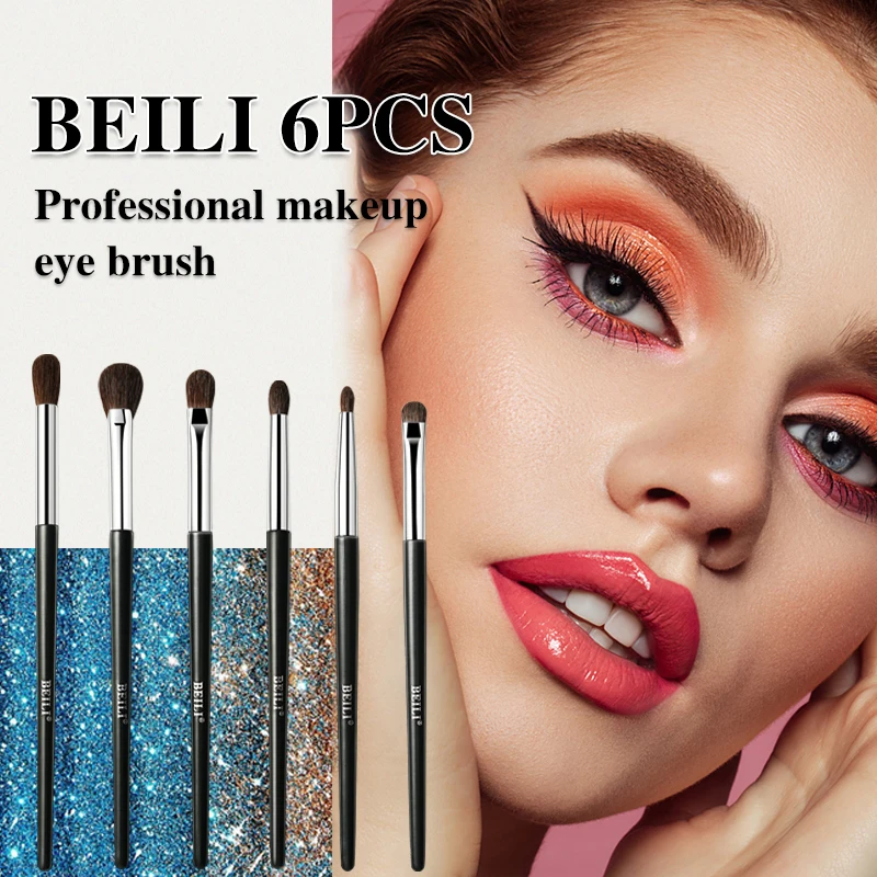 BEILI 6pcs Eye Makeup Brush Set With Bag Professional Eyeshadow Eyebrow Eyeliner Concealer Brush Makeup Tools for Women