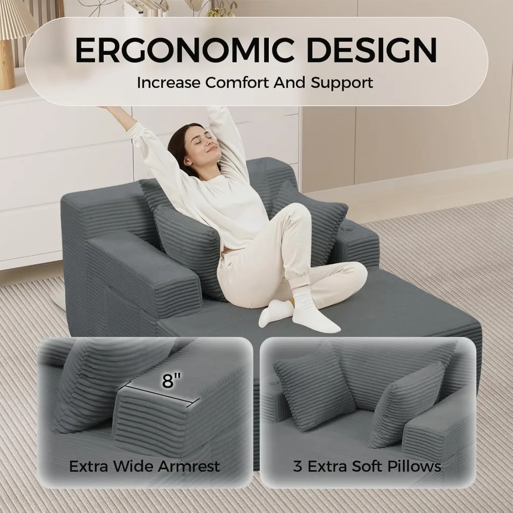 كرسي استرخاء داخلي، سرير أريكة منجد سروال قصير كبير الحجم مع 3 وسائد، كراسي أريكة مريحة للنوم، نائمة سحابية #3