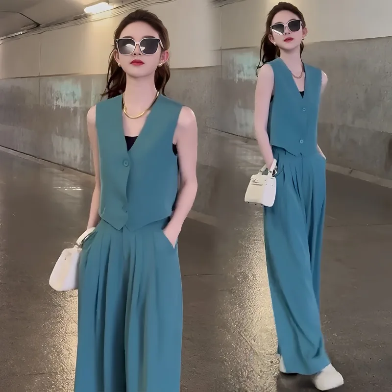 New Elegant Summer Two Piece Set Women High End Office Lady V-neck Sleeveless Vest + Wide Leg Pants Sets Women's Suit Fashion