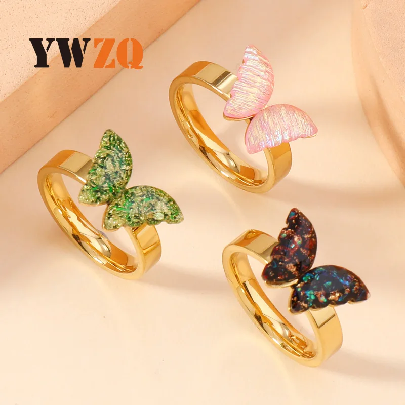 Cross-border New Fashion Titanium Steel Ring Drops Color Oil Butterfly Ring Niche Exquisite Wind Stainless Steel Jewelry