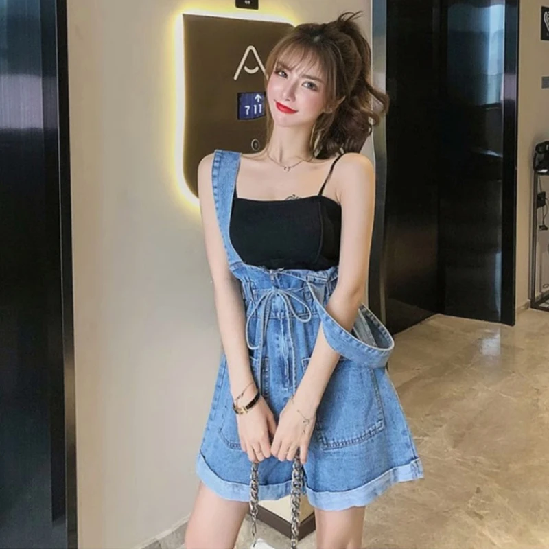 Summer new oversized women's clothing, age reducing salt denim shoulder strap shorts, loose and stylish jumpsuit S-5XL 100kg