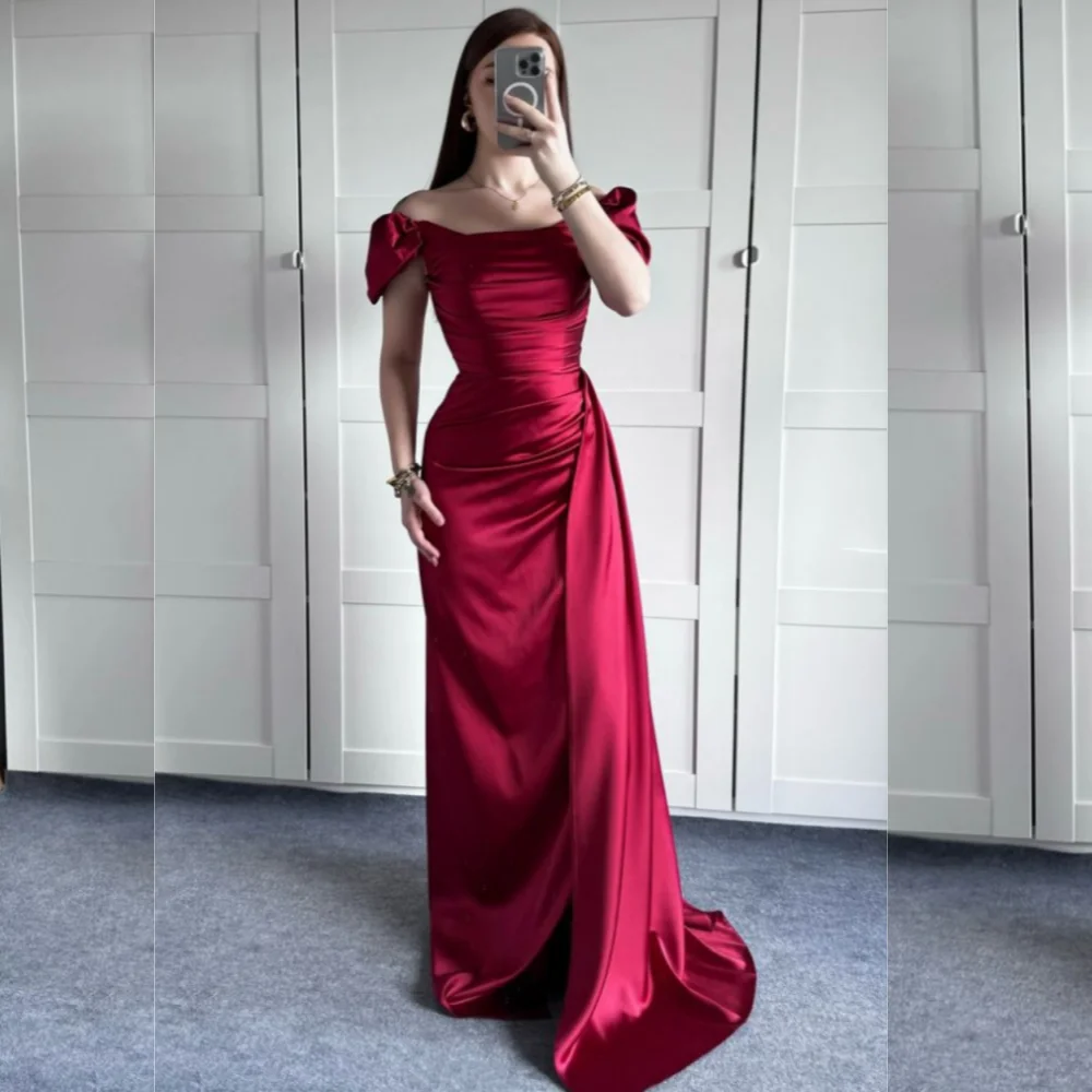 

Customized Fashion Off-the-shoulder A-line Formal Sweep/Brush Ocassion Gown Anke length Skirts Charmeuse Evening Dress