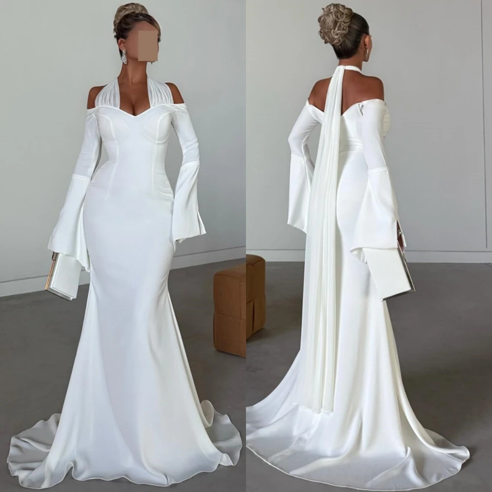 

Customized Sexy Halter Jersey Evening Dress Delicate Long Sleeves Prom Dresses Temperament Mermaid Special Occasion Gowns