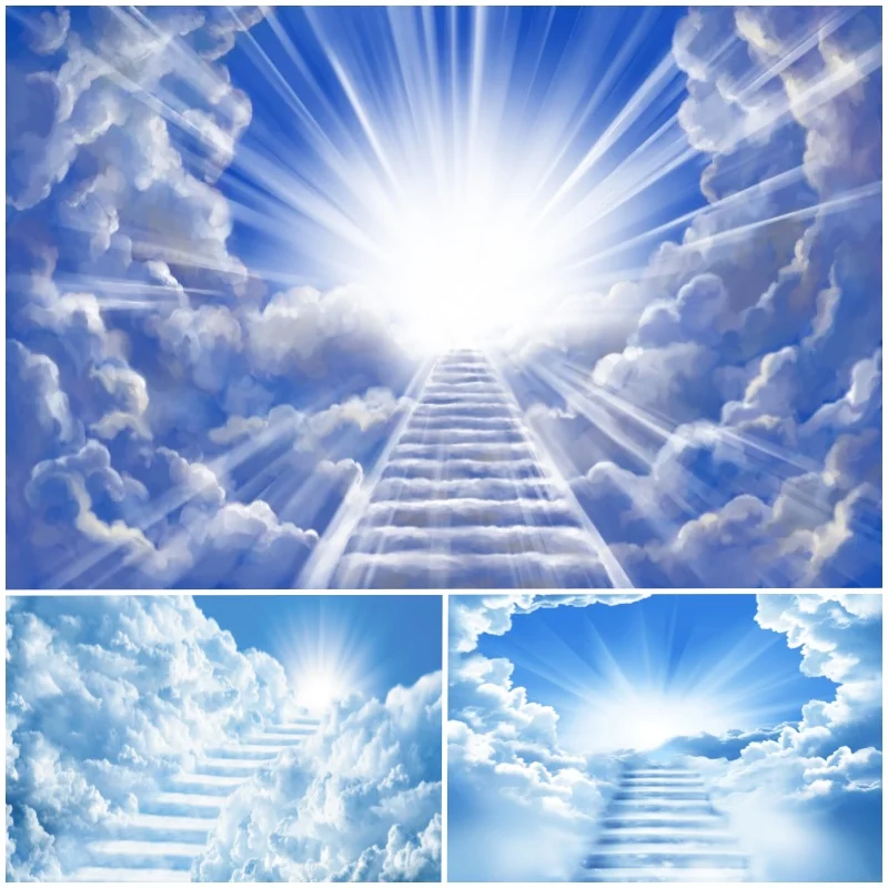 Blue Sky Clouds Heaven Backdrop Photography Stairs To Paradise Holy Light Church Portrait Easter Party Decor Background Props