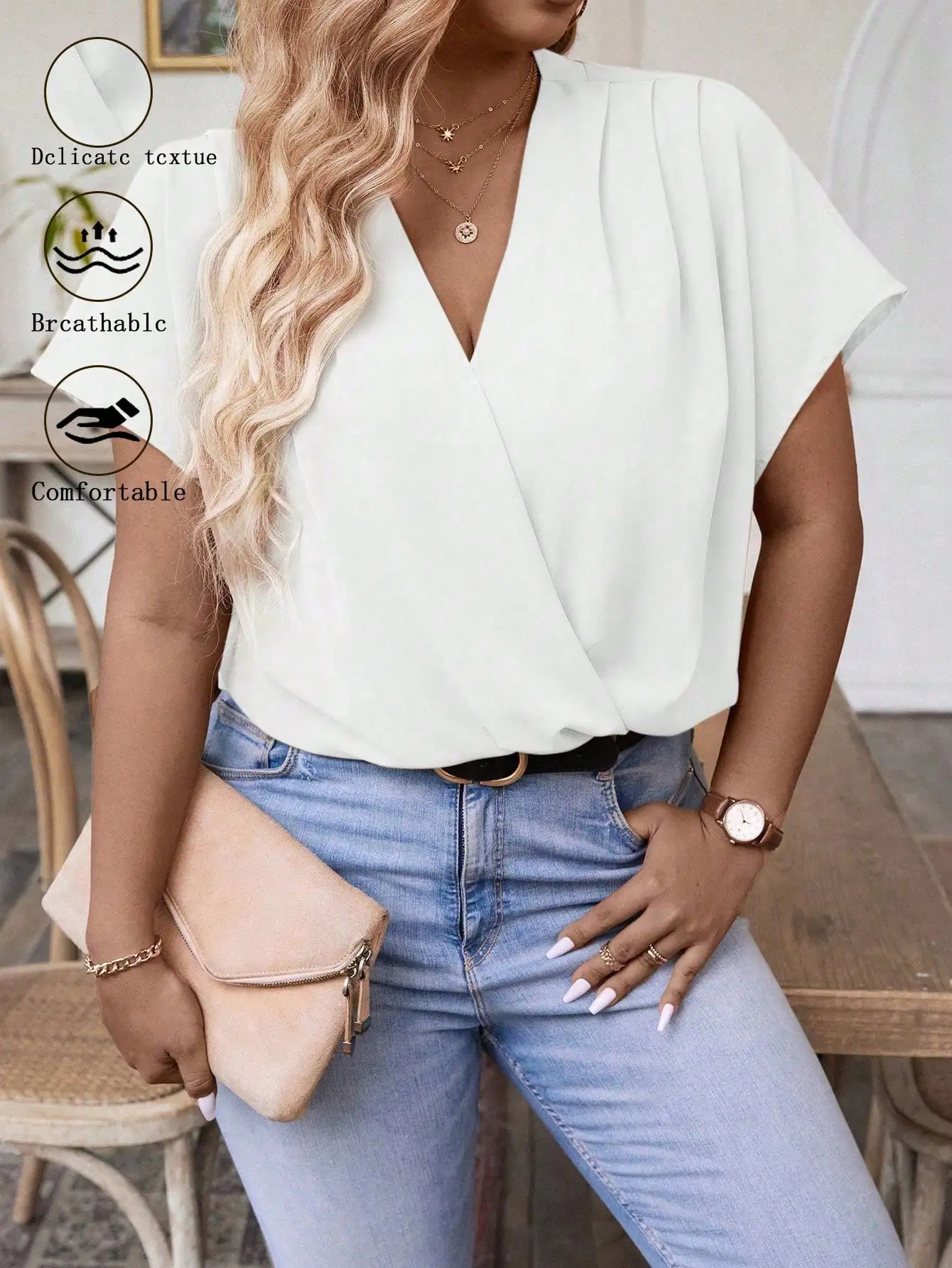 

[Plus Size] Solid-Color V-Neck Shirt, Summer Casual Short-Sleeve Top, Women's Everyday Plus-Size Clothing