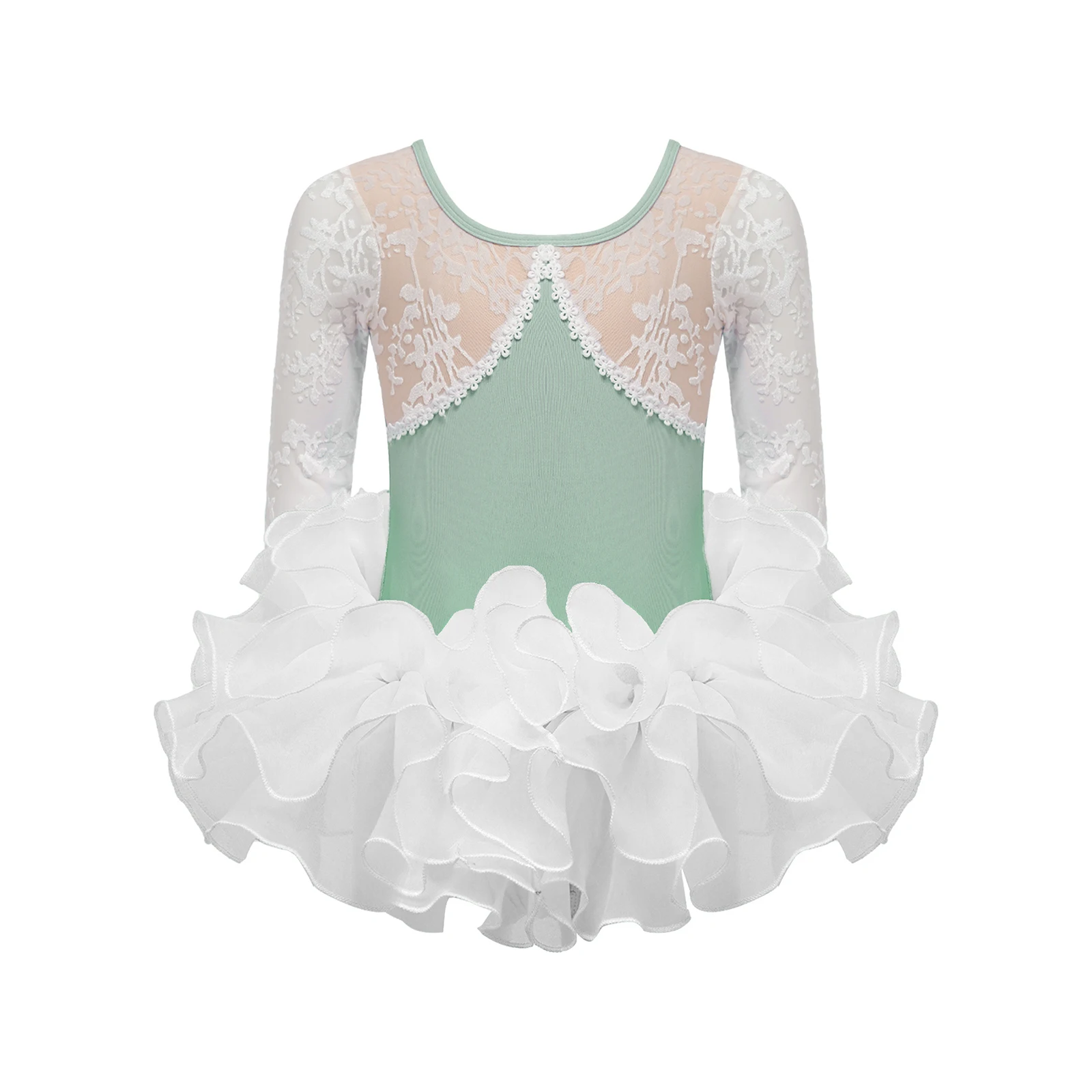 

‌Girls Elegant Ballet Leotard with Jacquard Pattern Layered Skirt Lace Trim Mesh Detail Gymnastics Performance Dancing Costume
