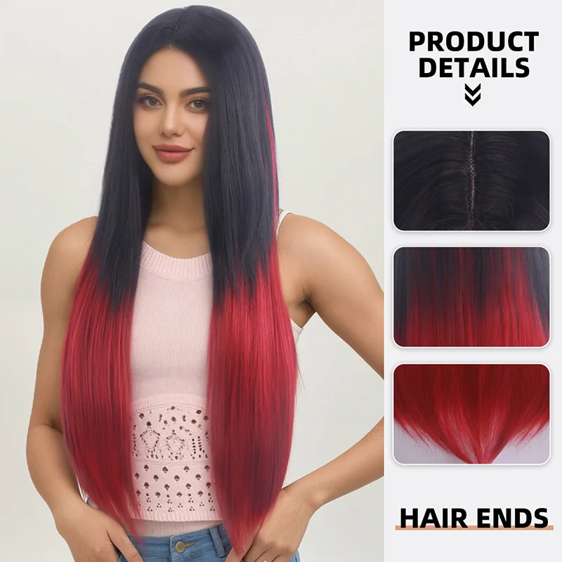 European and American women's color blocked gradient split long straight wig, cosplay headband, exotic style-Synthetic fiber wig