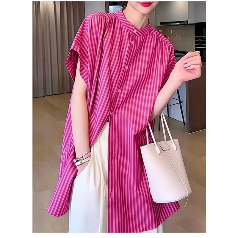 

High Street O-neck Button Short Sleeve Loose Striped Shirt Tops New Women Clothing Lazy Style Youth Trend Blouse Korean Summer
