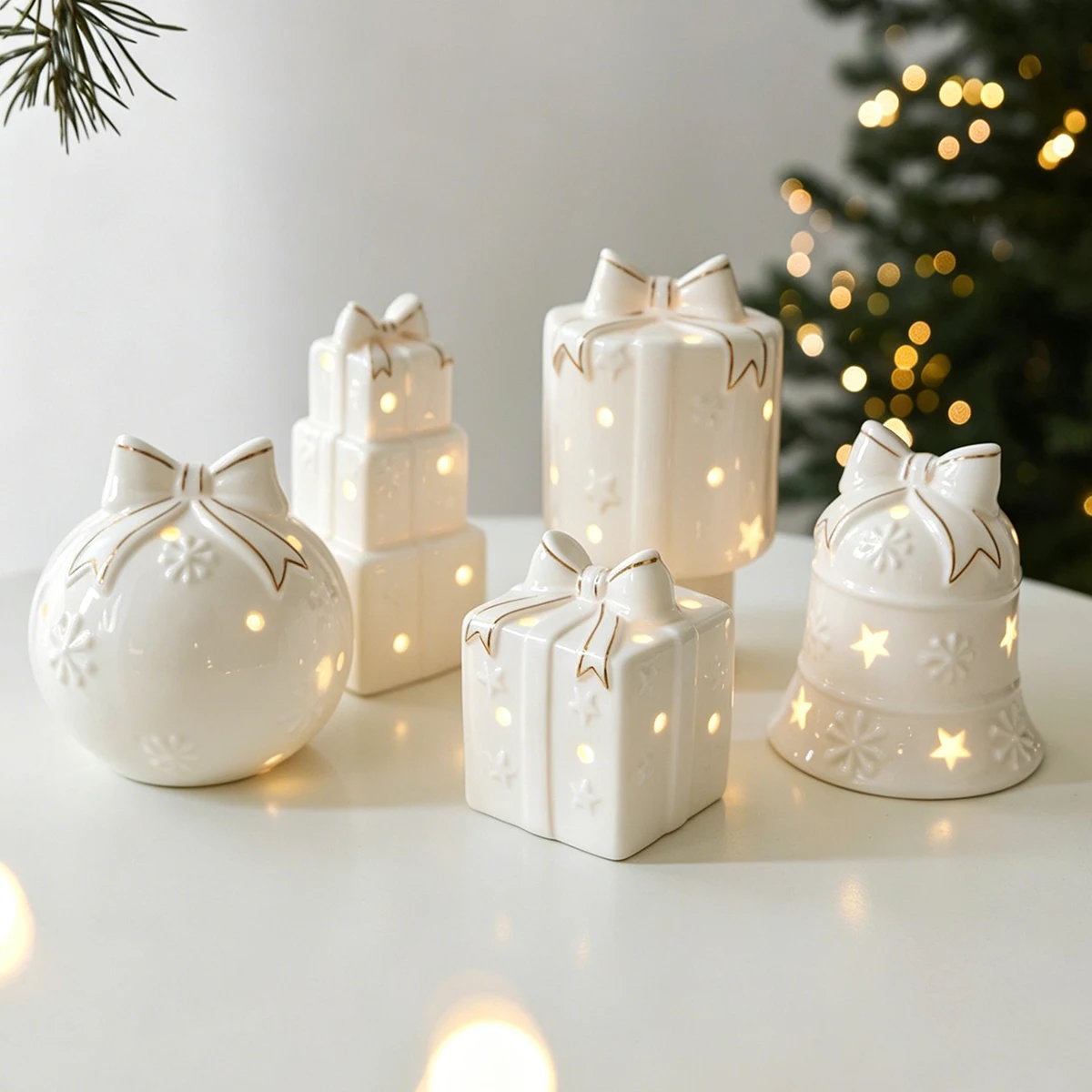 1Pc Light-up Ceramic Christmas Star Gift Box Ornament LED Glowing Hollow Porcelain Xmas Tabletop Decoration Home Holiday Decor