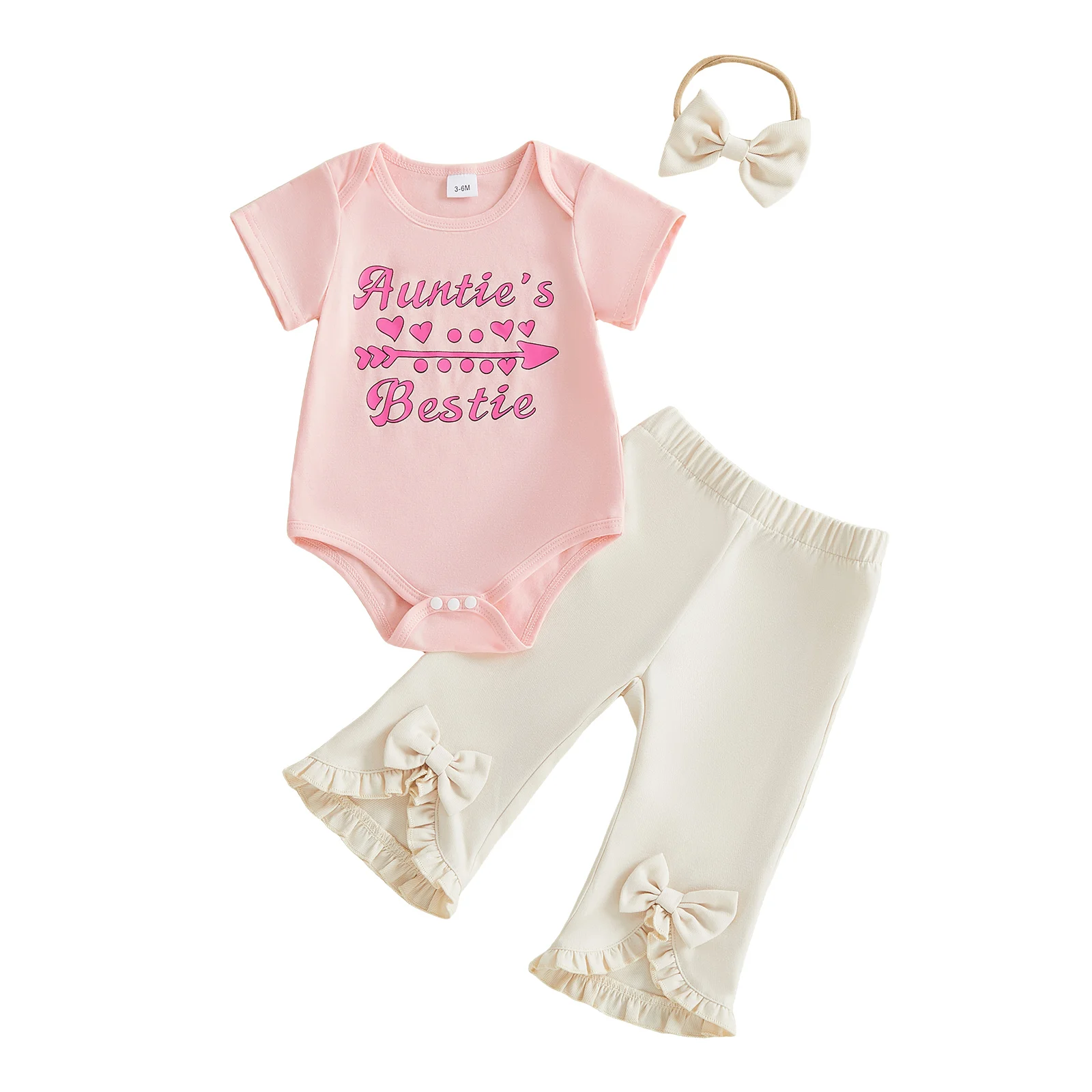 Baby Girl Summer Outfits Letter Print Short Sleeve Romper with Flare Pants and Bow Headband 3 Pcs Set
