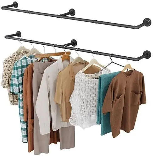 Clothes Rack, 65.7" Clothing Rack 2 Pack, Wall Mounted Heavy Duty Space Saving Garment Rack for Closet Storage, Black, 3 Base