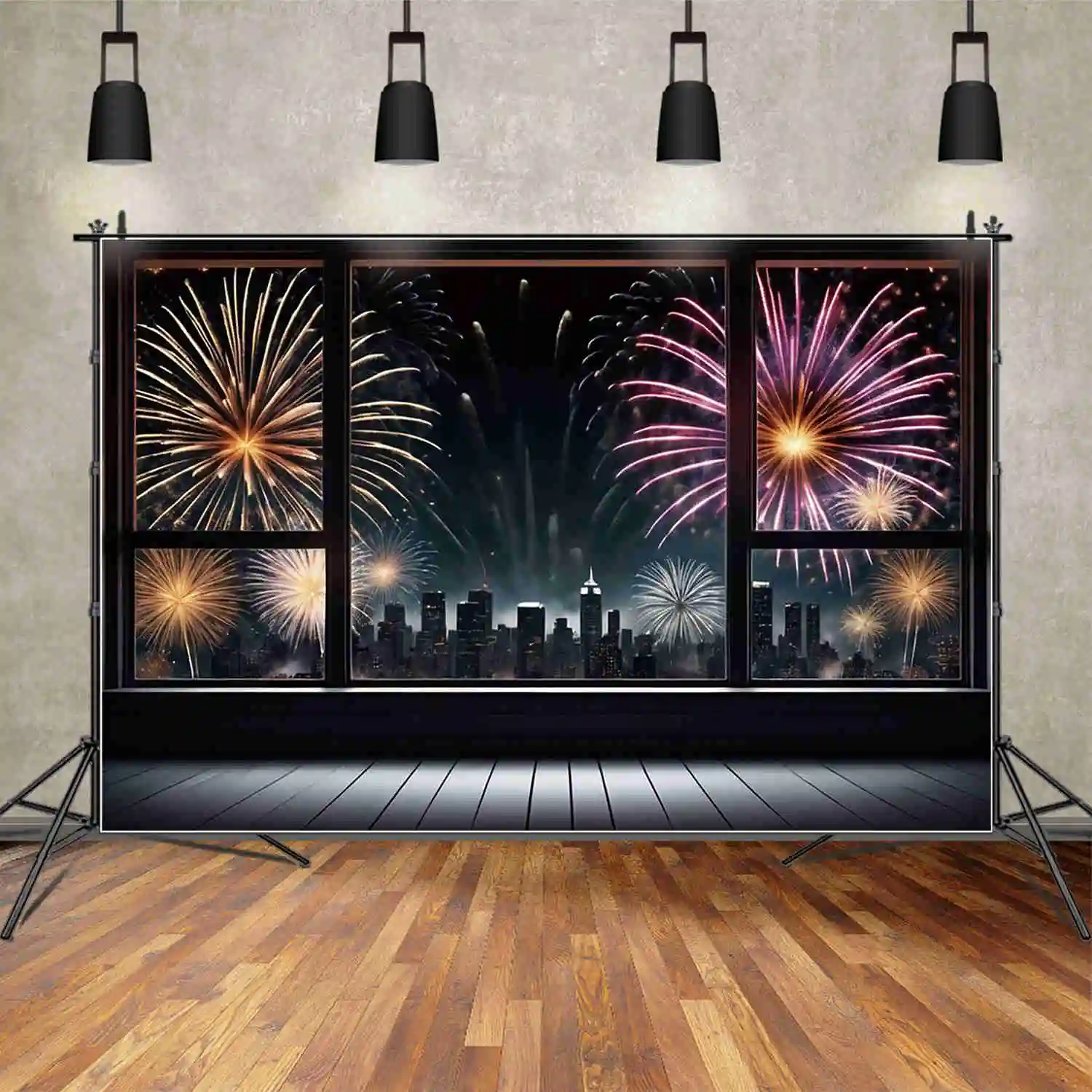 MOON.QG Happy New Year 2025 Photo Background 2024 Christmas Window Fireworks Photocall Backdrop Custom Photography Studio Props