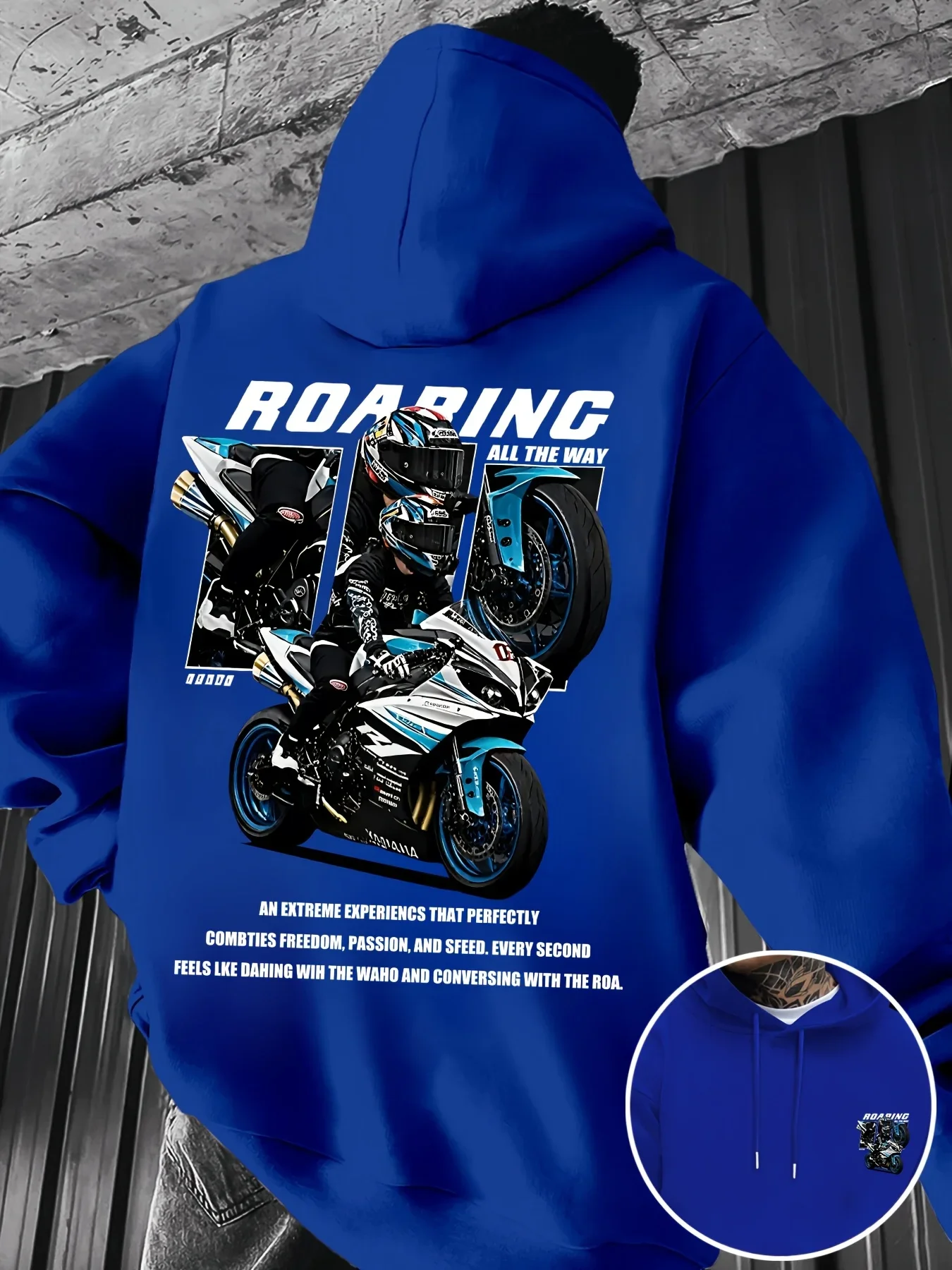 Winter- und Herbstmode für die Straße: Herren-Sweatshirt mit Kapuze und „Motorrad“-Muster. Warm und bequem. Oberteil für Outdoor-Bekleidung – Detail 8