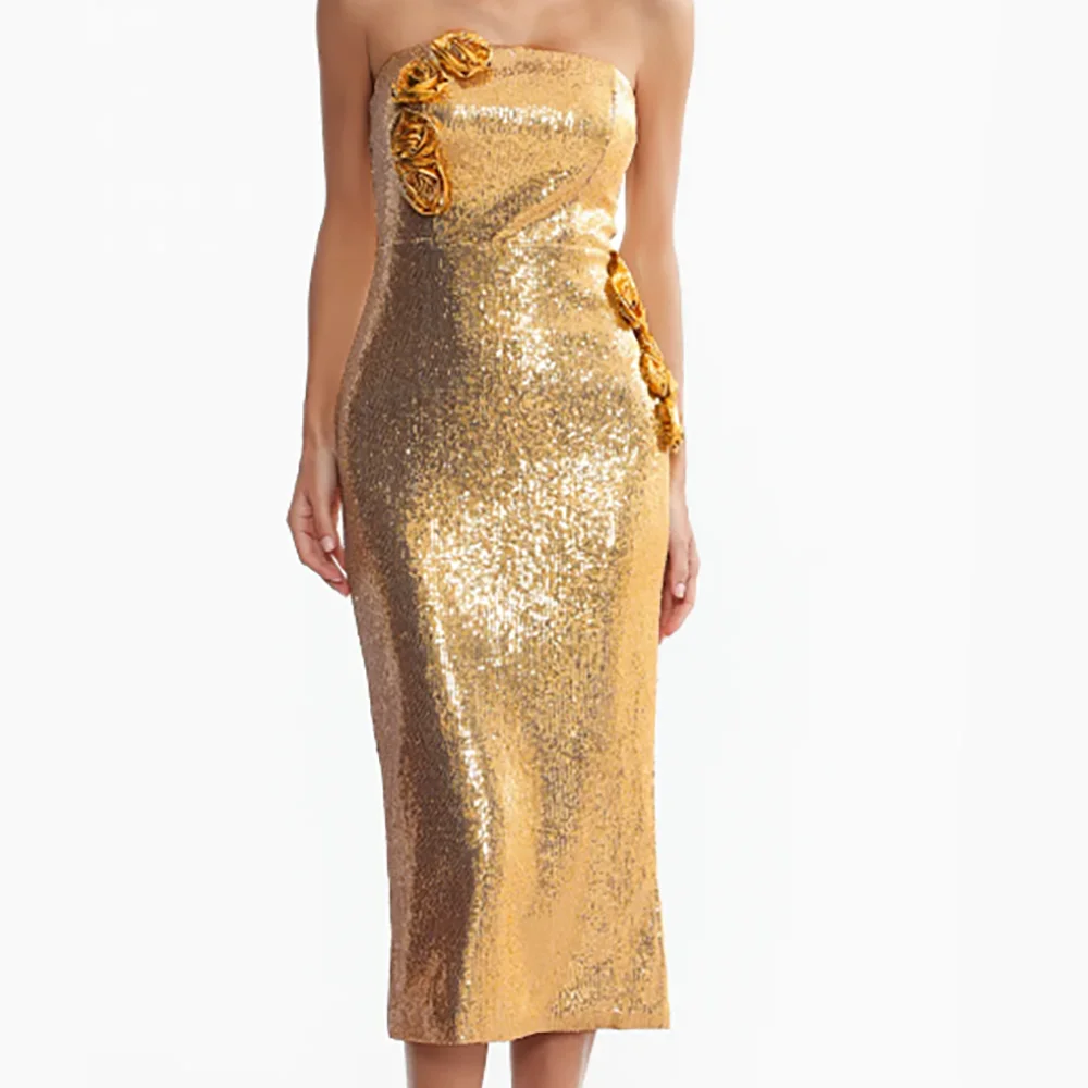 Exquisito oro sin tirantes con lentejuelas sin mangas flores vestidos de noche formales fiesta de cumpleaños vestidos de graduación personalizados