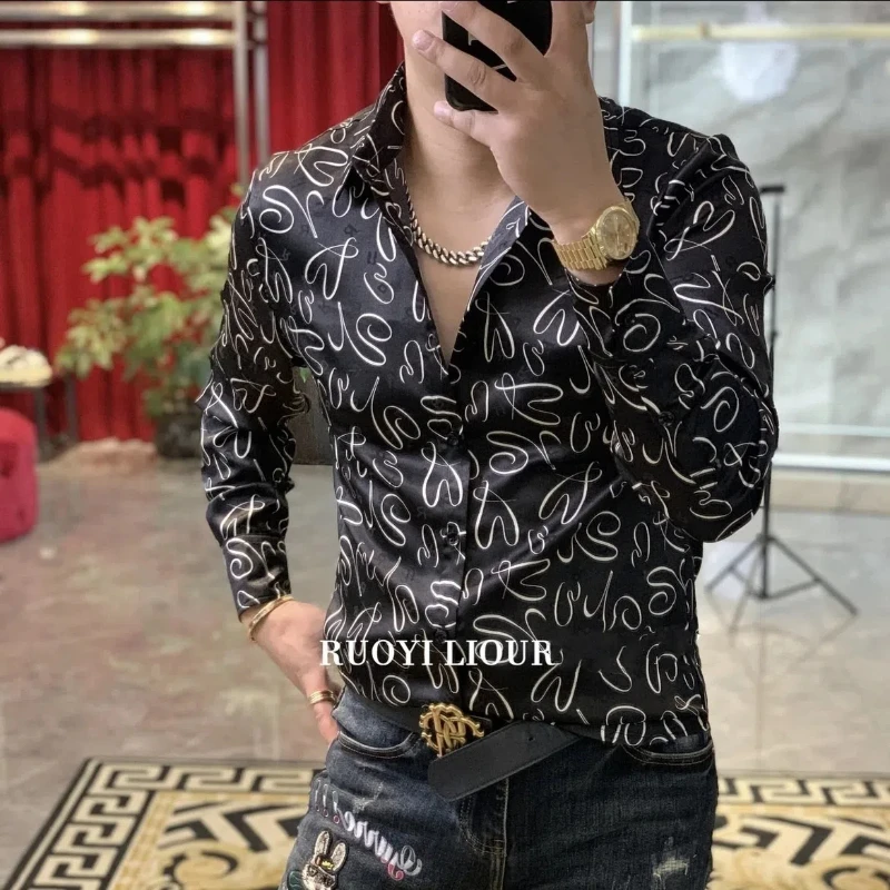 American Style Spring New Long Sleeved Shirt Men High-end All-match Single-breasted Printing Fashion Loose Lapel Collar Tops