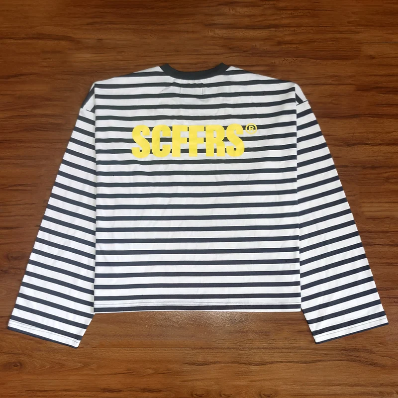 SCFFRS Gestreiftes T-Shirt, Unisex, übergroßes Sweatshirt, Oberteile für Männer und Frauen, lockerer Langarm-Pullover, gestrickte Baumwoll-T-Shirts, Frühlingskleidung