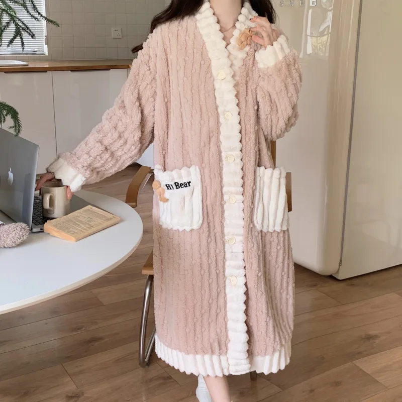 Winter Flannel Bathrobe Women Coral Fleece Warm Thicken Robes Sweet Home Clothes Nightwear Pajamas Lady Robe Autumn Shower Robes