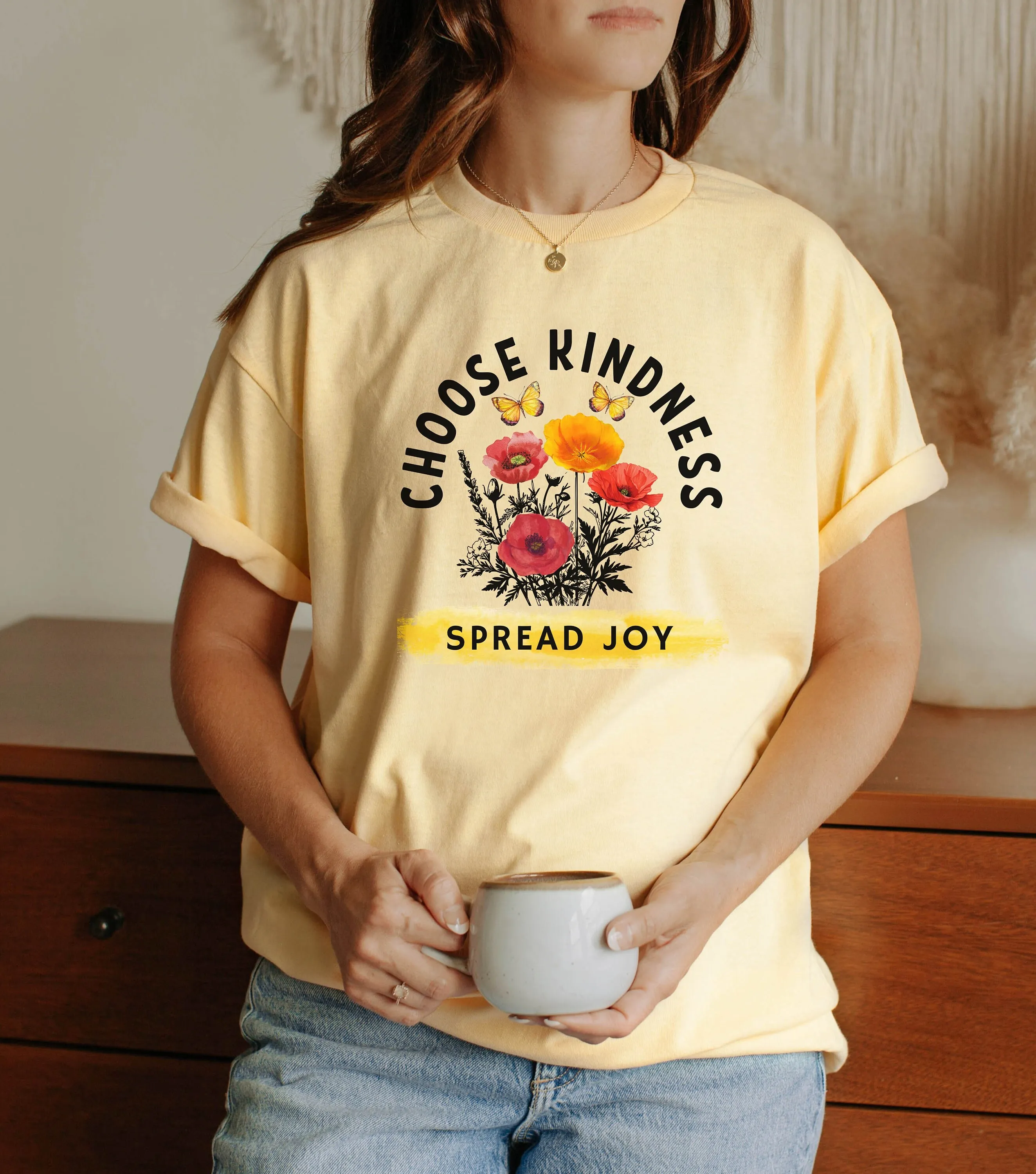 Happy Positivity T Shirt Choose Kindness Spread Joy Love Poppies Butterflies Happiness For You Or Friend