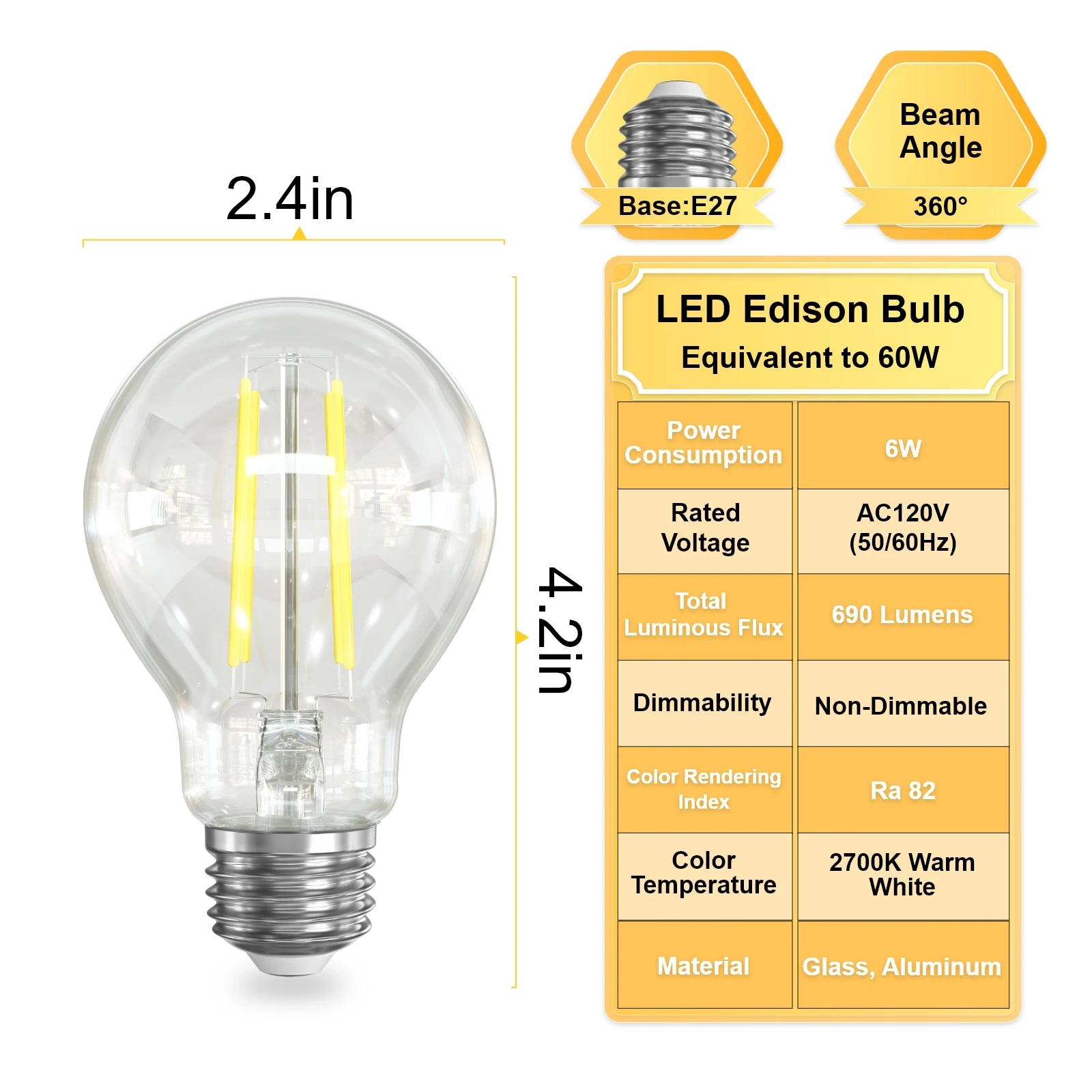 6 Pack LED Edison Light Bulb 60 Watt Equivalent E27 Vintage Clear Light Bulbs 6W 2700K Warm White 700 LM A60 LED Filament