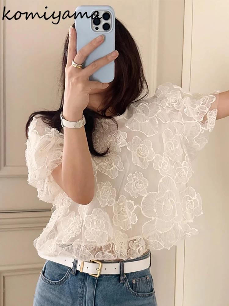 

Lace Flower Shirts & Blouses Bubble Sleeve Blusas Mujer Summer 2025 Woman Clothing New Jacquard Camisas Loose O-neck Tops