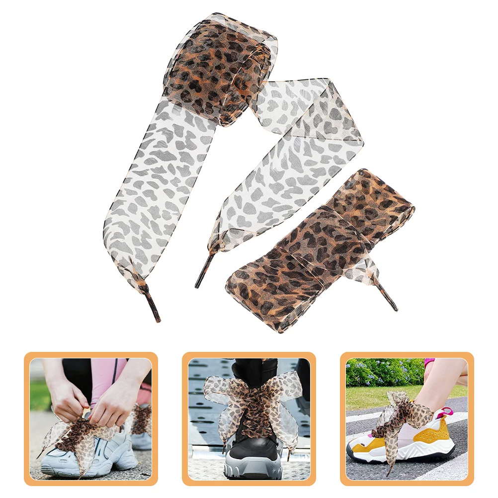 

2 Pairs Leopard Lace Shoes Satin Laces for Sneakers Animal Polyester Flat Women's