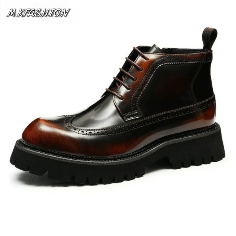 Men's British style Genuine Leather carved Ankle Boots Round Toe Side Zipper Short Booties Footwear