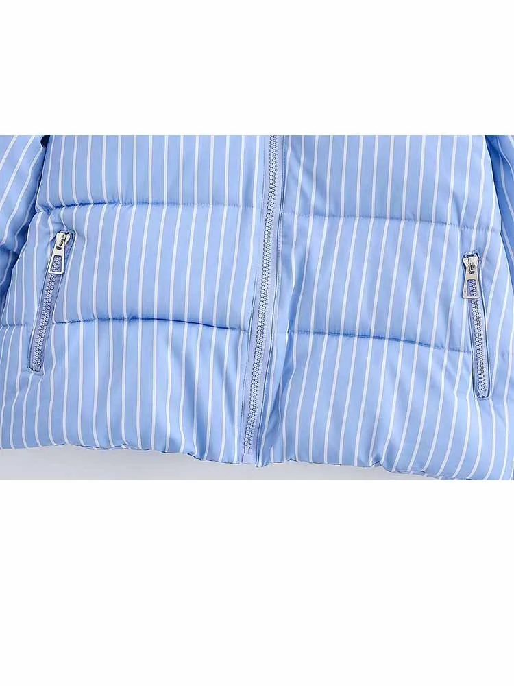 HH 여성 겨울 패션 긴 소매 스탠드 칼라 블루 앤 화이트 스트라이프 장식 코튼 코트 여성 캐주얼 따뜻한 재킷