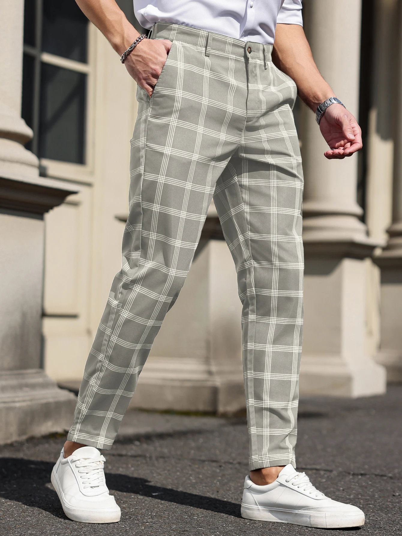 Men's Plaid Cropped Dress Pants, 100% Polyester Wrinkle‑Free Fabric, Slim Fit Ankle‑Length Business Casual Chino Trousers S‑XXL