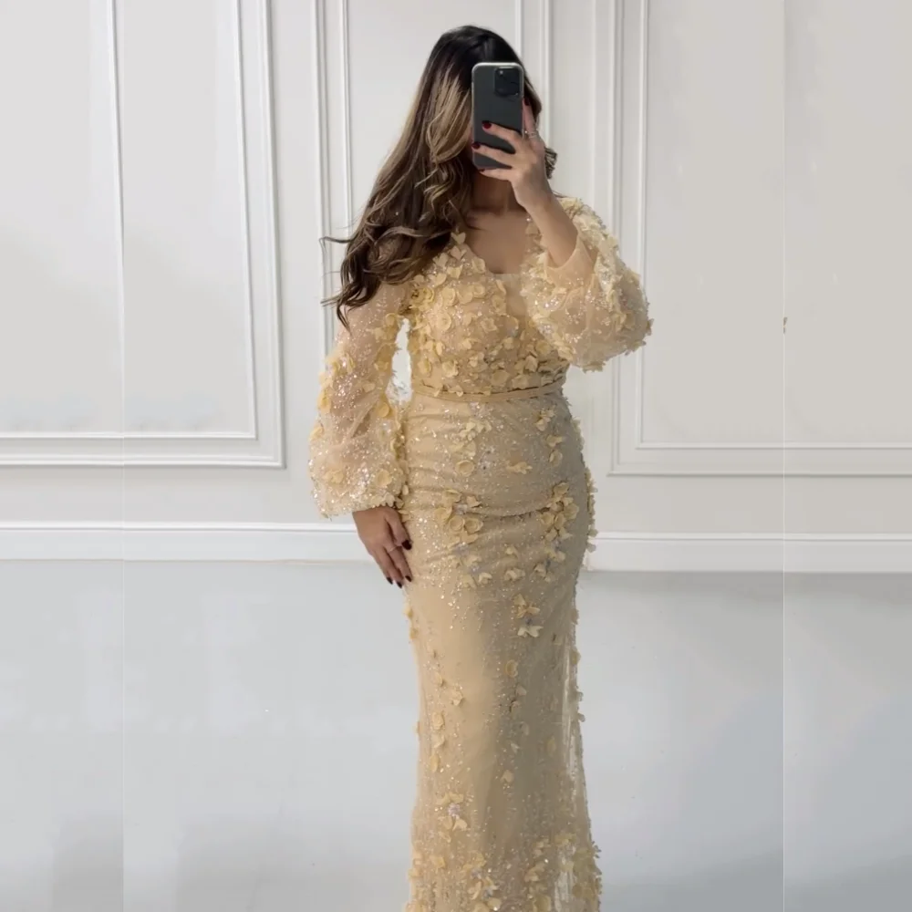 

Customized Elegant Glitter Applique Long Sleeves Trumpet Long Dresses Luxury Evening Dress Bespoke Occasion Wedding Party