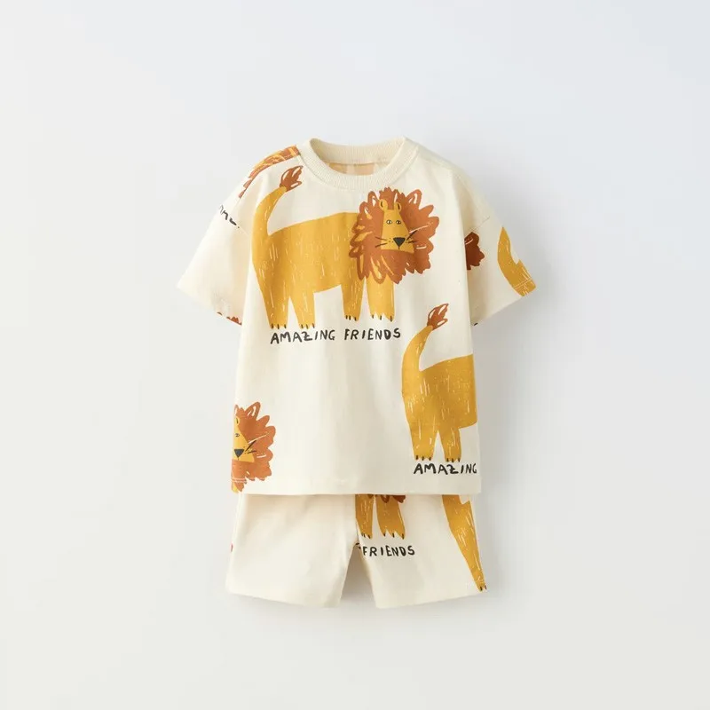 Short Sleeve Outfit Full Print Tshirt+Shorts Baby Casual Round Neck Tops Shorts Two Piece Toddler Boys New Style Tees Tracksuits