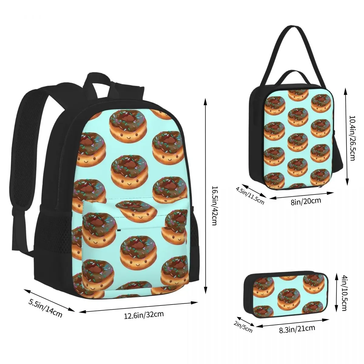 Happy Chocolate Frosted Donut Backpacks Bookbag Children School Bags Cartoon Kids Rucksack Lunch Bag Pen Bag Three-Piece Set