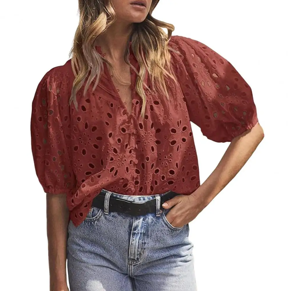 

Elegant Women Blouse Shirt Summer Top Lantern Short Sleeve Hollow Flower Pattern Solid Color Blouse Top