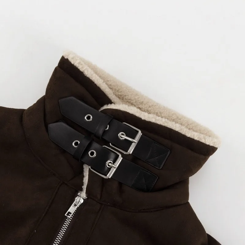 เสื้อโค้ทขนเฟอร์เทียมสีน้ำตาลแบบมีปกเย็บต่อผ้า ซิปหลวม ใส่สบาย อุ่นหนา แฟชั่นลำลองสำหรับผู้หญิง เสื้อแจ็คเก็ตขนแกะเทียมฟูฟ่อง