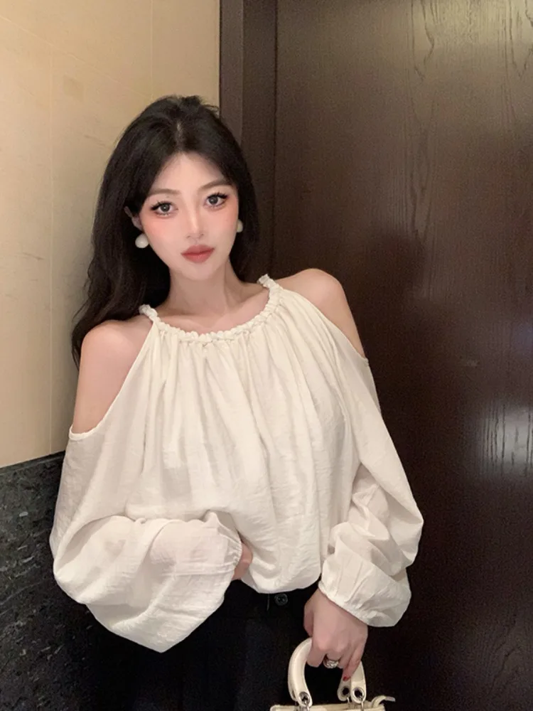 

White Fairyish Chiffon Shirt Women's Shoulder Bared Long Sleeve Neck Hanging Lantern Sleeve Top Sweet Style Loose Fit Autumn