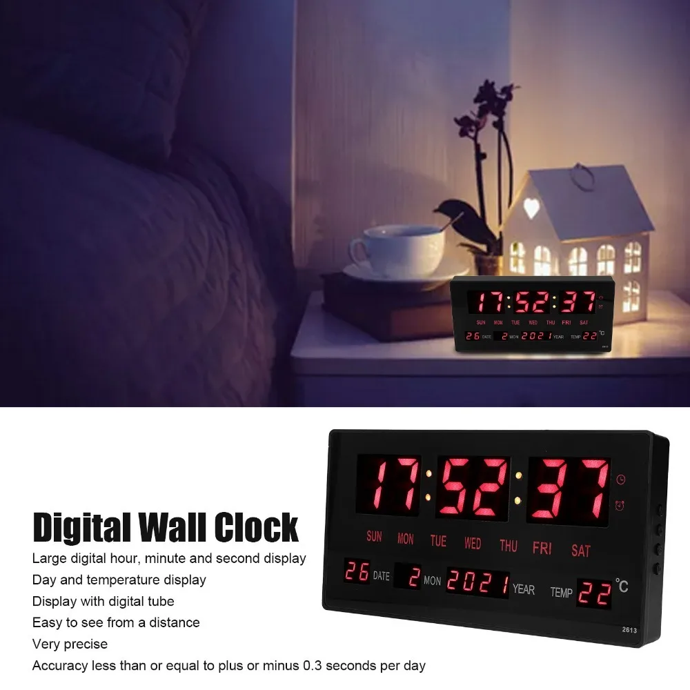 LED Digital Wall Clock Accurate Timekeeping Plug in Use Digital Calendar Wall Clock Date Display Calendar Digital Hanging Clock
