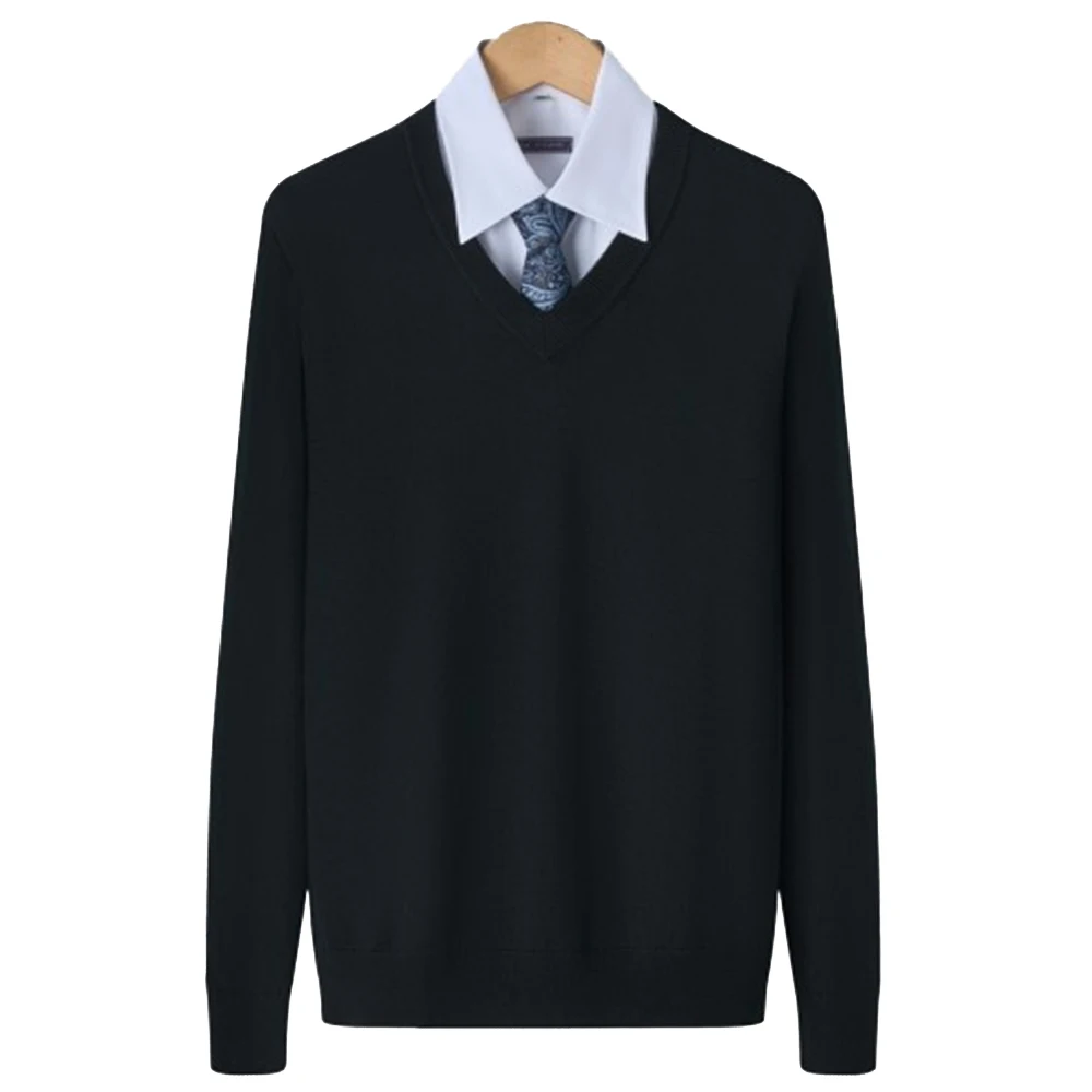 Luxury Black V-Neck 100% Wool Sweaters Highly Selected 100% Extra Fine Merino Wool From Australia Autmun Winter Warm Sweater Men