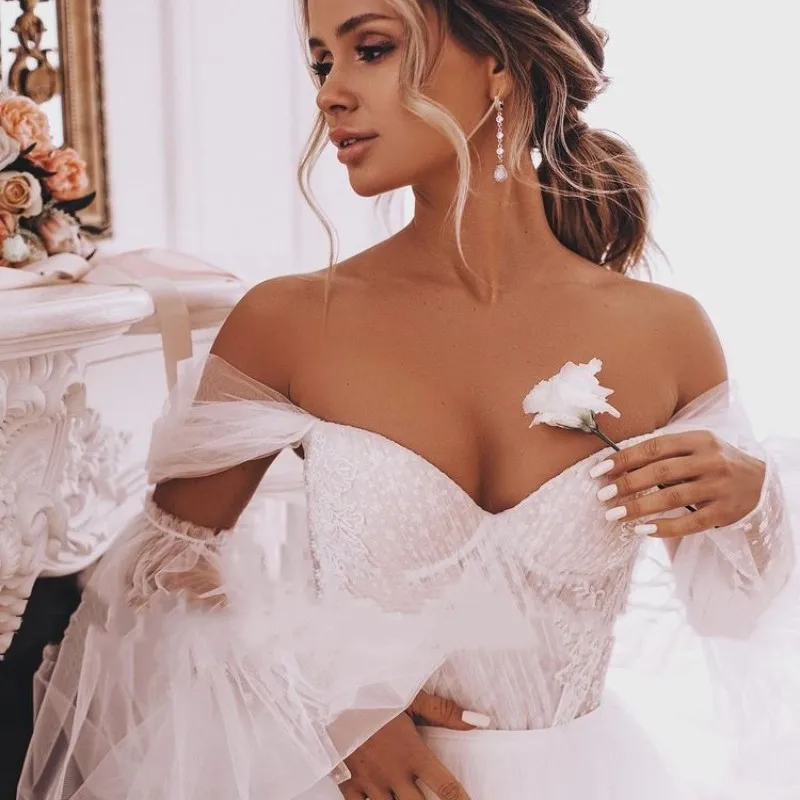 Off The Shoulder Appliques Pleats Wedding Dresses Detachable Long Puff Sleeve Tulle Polka Dot A Line Vestidos De Novia Lace-up