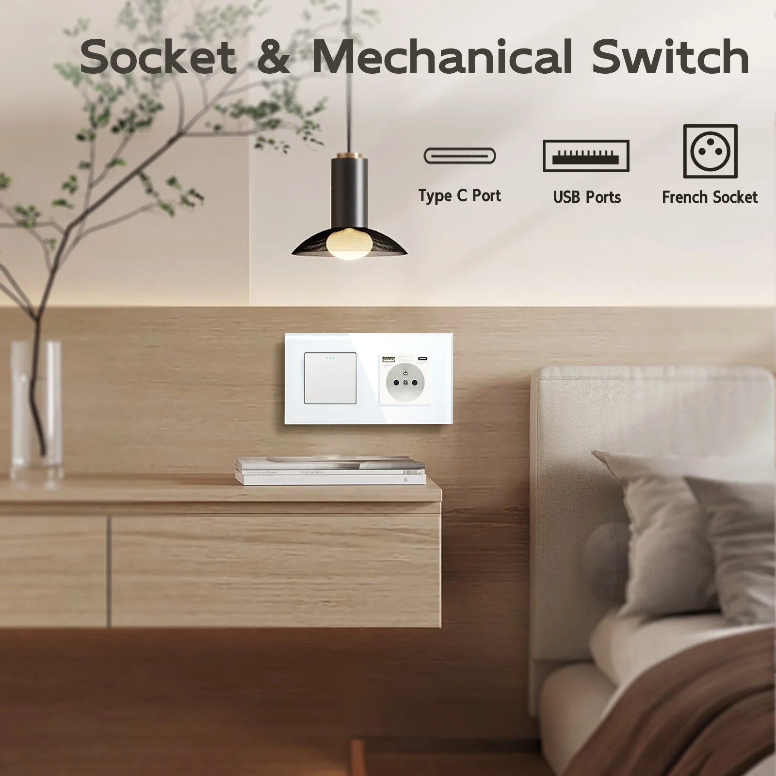 BSEED 1/2/3Gang Mechanical Wall Light Switches 1Way Plus French Socket USB Type-c Ports USB Power Sockets Glass Frame 16A