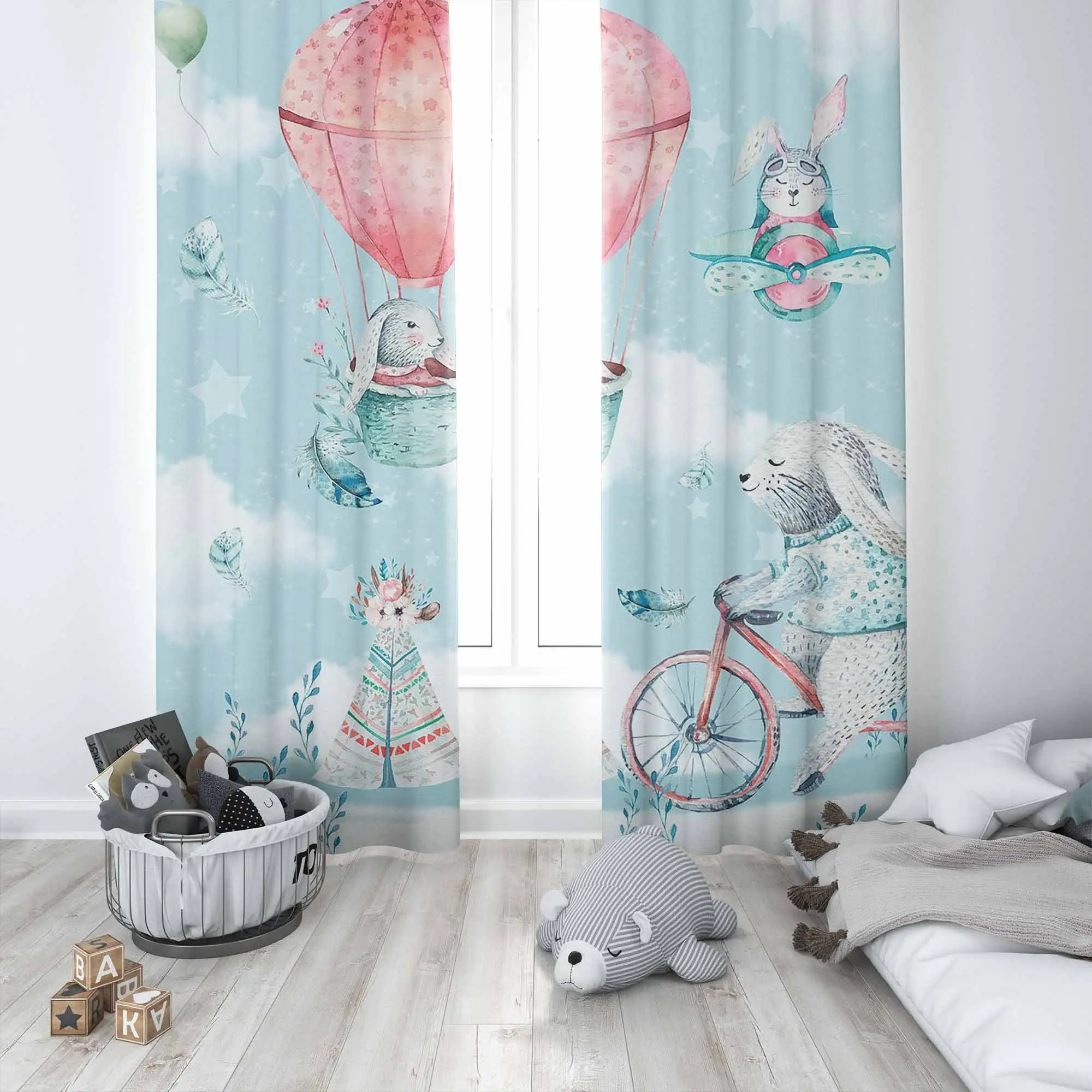 Whimsical Hot Air Balloon Rabbit Nursery Curtains Boho Nursery Decor Cute Kids Room Window Treatment