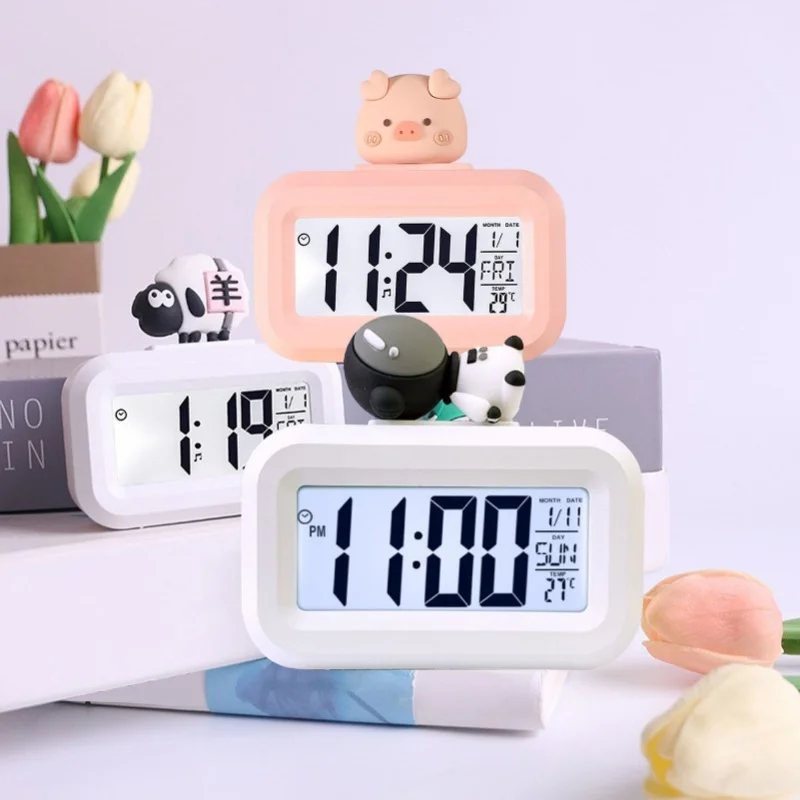 D5 Electronic Table Clock Cute Cartoon LED Screen Desktop Clock Electronic Alarm Data Time Calendar Temperature Clock Pink Piggy