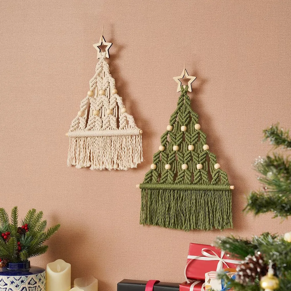 Finished Christmas Decor Tapestry Hand Woven Cotton Rope Christmas Tree Wall Hanging for Kids Room Indoor Ornament