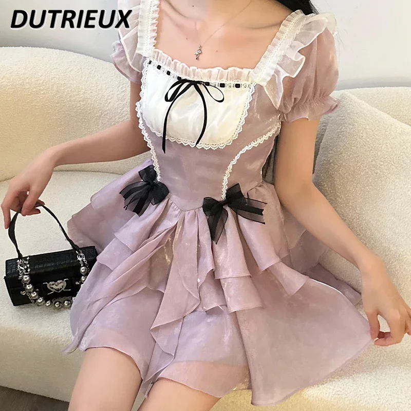 

High Sense Original Design Lolita Puff Short Sleeve Mini Dress Female 2024 Summer New Ruffled Pleated Purple Little Dress Women