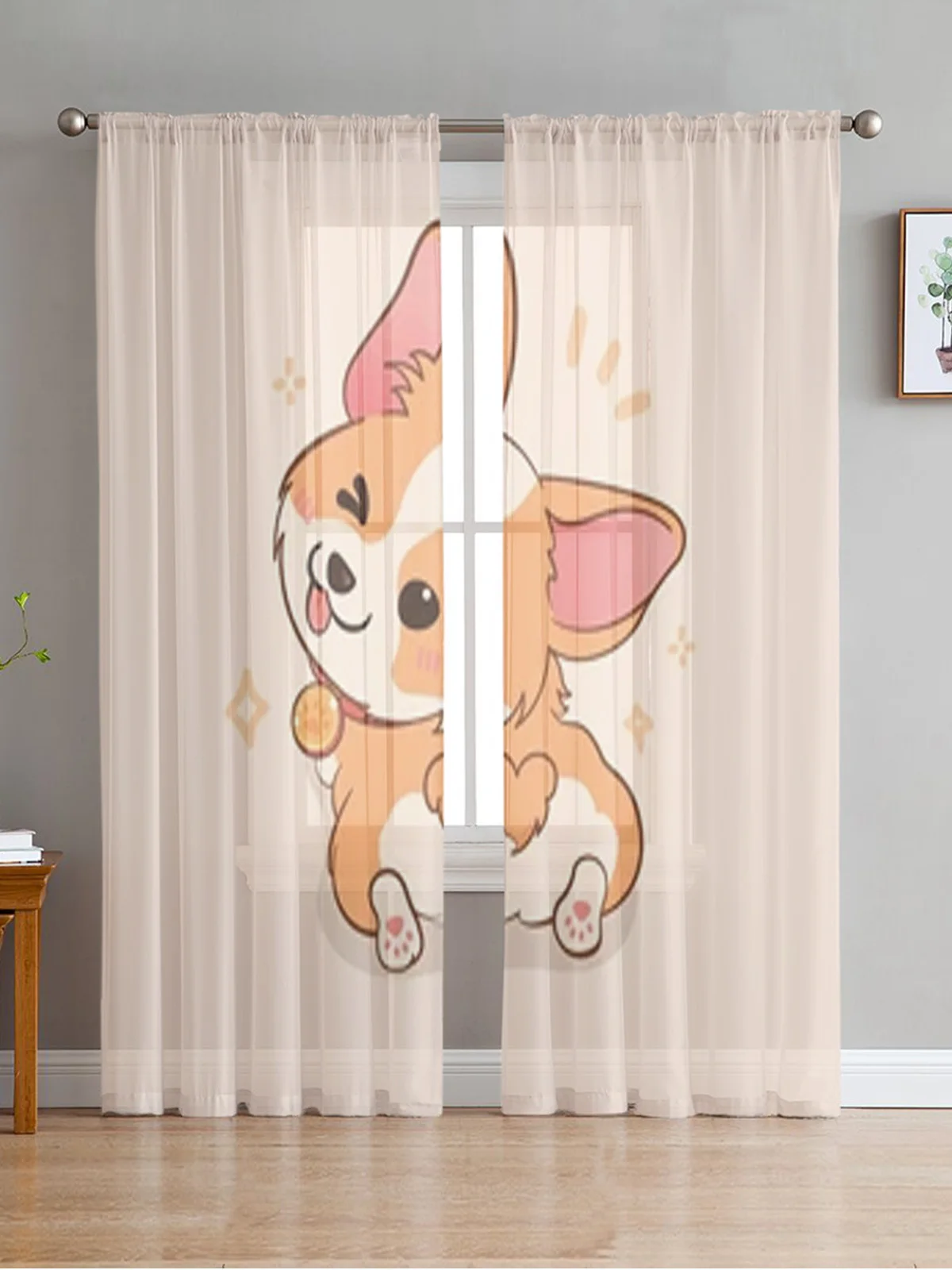 

Cute Corgi Cartoon Sheer Curtains Bedroom Voile Curtain Living Room Window Sheer Curtains Kitchen Tulle Drapes