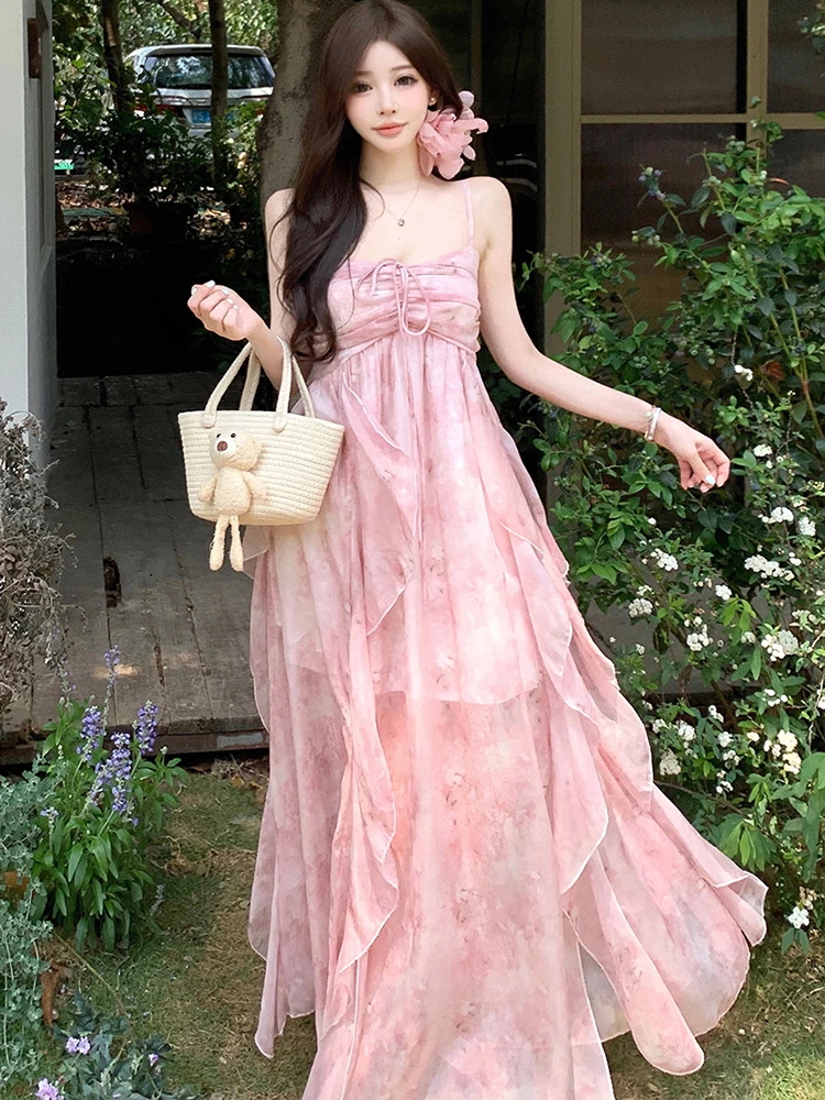 

Summer Pink Print Mesh Ruffled Sling Long Dress Women Boho Elegant Chic Holiday Dress 2025 Korean Fashion Bodycon Evening Dress