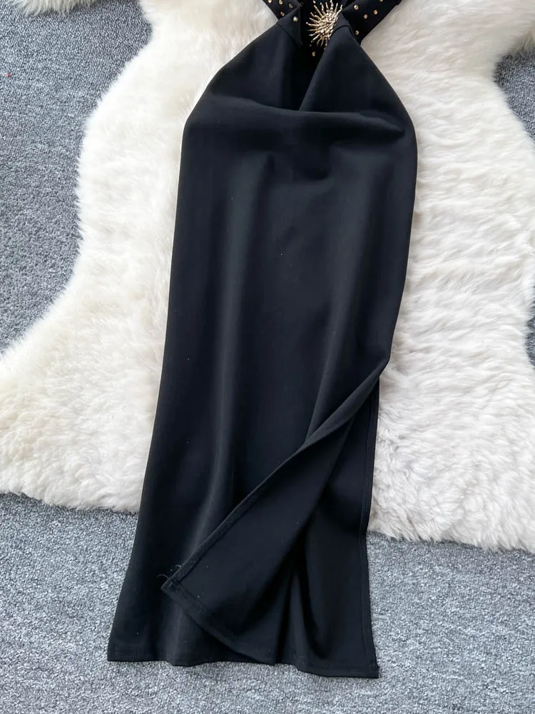 Acoria estiva in metallo impreziosita design scavato Bellissimo desiderio puro Abito lungo sexy con spalline da donna Gonna a trapezio